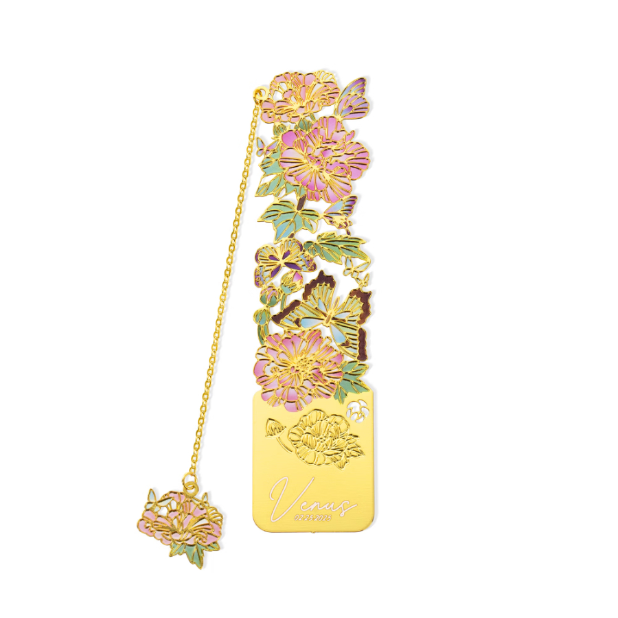 Personalized Birth Flower Butterfly Gold Metal Bookmark with Text and Decorative Chain Daily Use Birthday Gift for Women Book Lovers