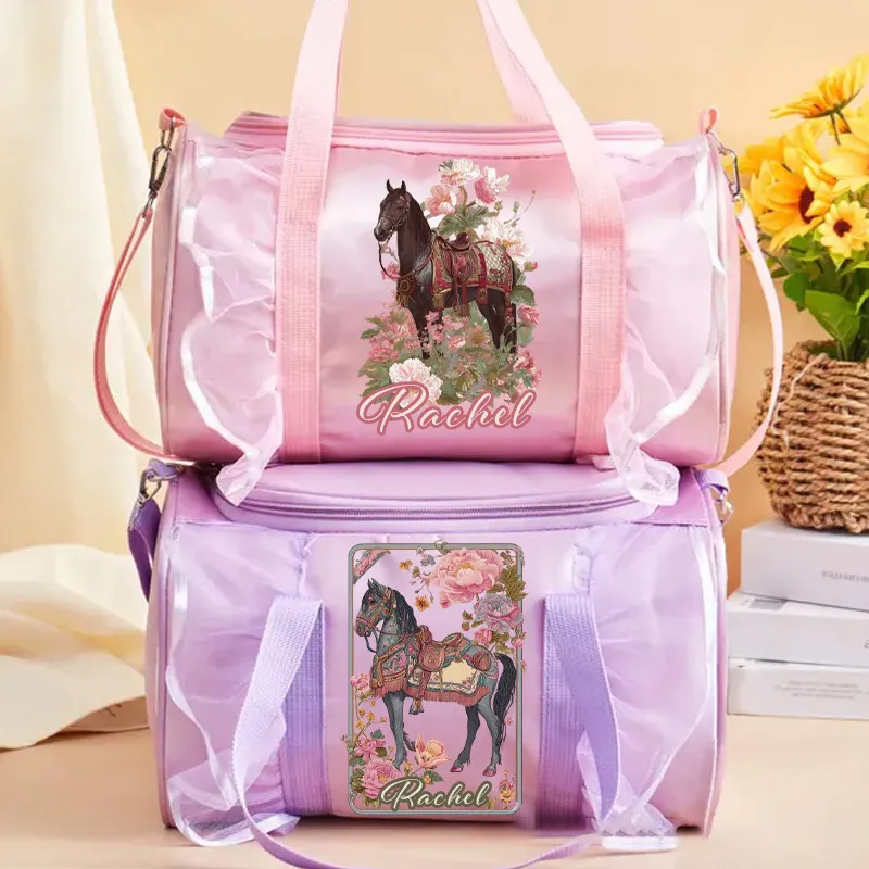 Personalized Horse Duffle Dance Bag with Name and Shoulder Strap Overnight Bag for Girl Ballet Bag Weekender Back To School Gift for Girls Riding Lovers Equestrian Lovers