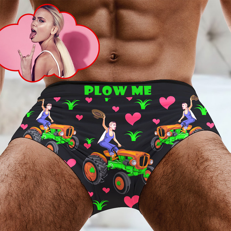 Personalized Girlfriend Wife Face Farmer Men Plow Me Boxer Briefs Men Underwear with Woman Face Photo Valentines Day Gift for Boyfriend Husband