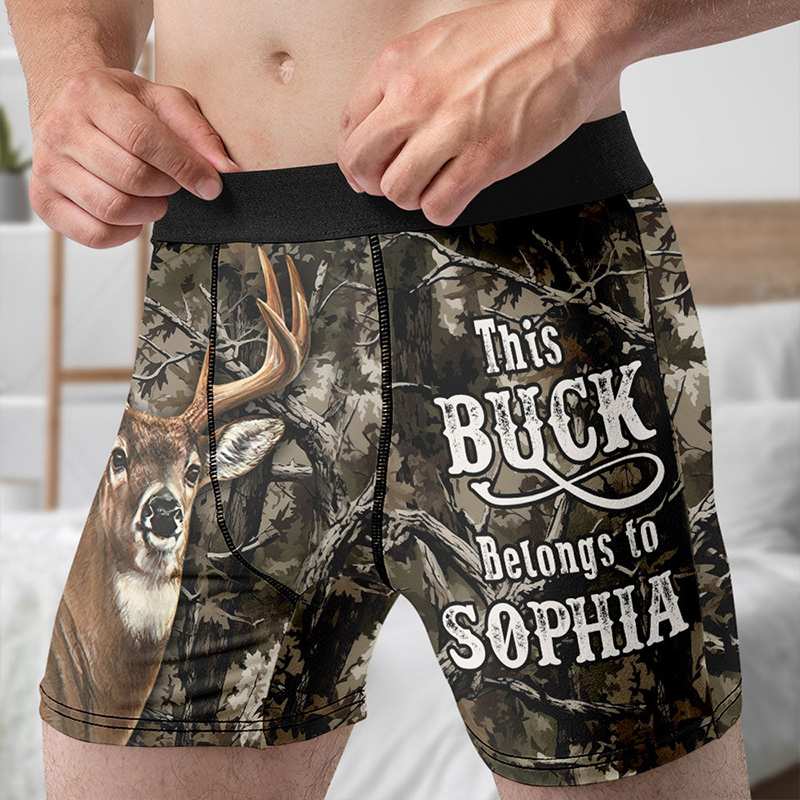 Personalized Men This Buck Belongs to Her Boxer Brief Custom Boyfriend Husband Underwear with Girlfriend Wife Name Valentines Day Gift for Him