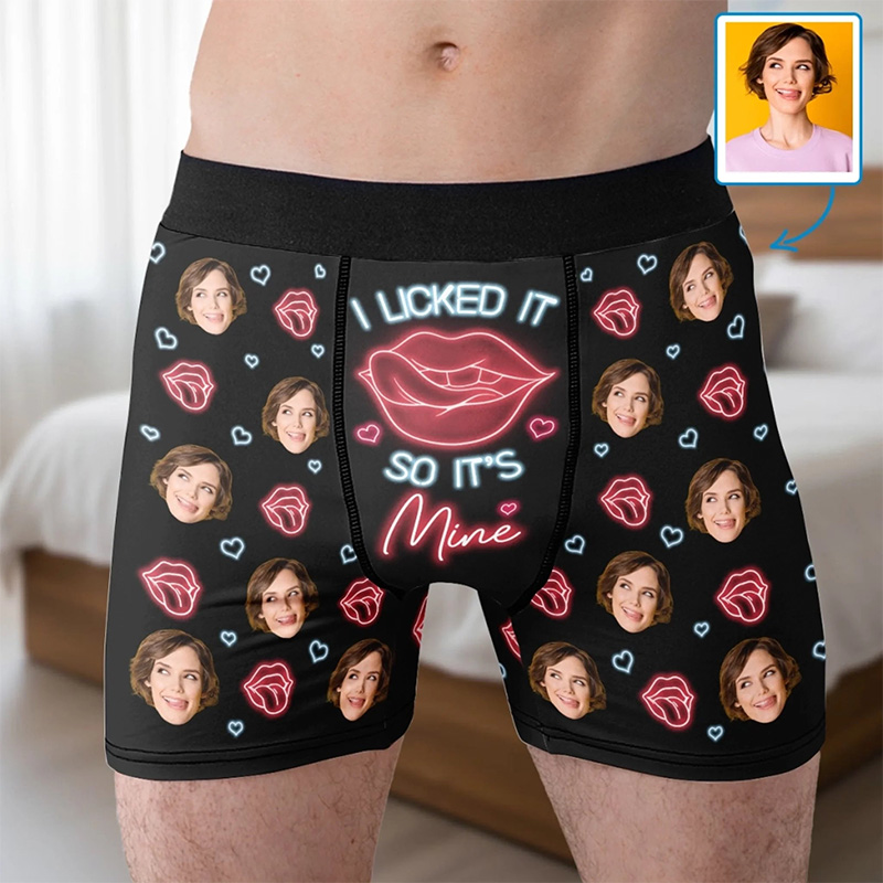 Personalized Girlfriend Wife Face Neon-style I Licked It So It’s Mine Boxer Briefs Men Underwear with Woman Face Photo Valentines Day Gift for Him