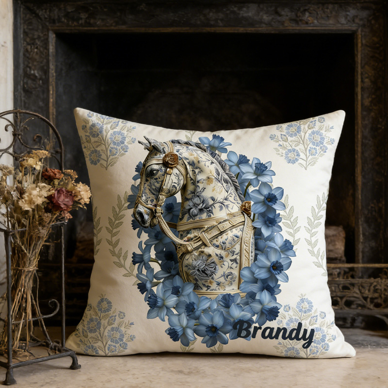 Personalized Birth Flower Horse Throw Pillow Equestrian Pillow Cover French Farmhouse Decor for Riding Lovers Equestrian Lovers