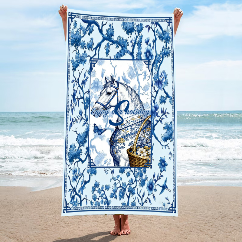 Personalized Monogram Chinoiserie Equestrian Blue and White Porcelain Horse Quick-Dry Microfiber Beach Towel Beach Party Birthday Gift for Equestrian Lovers