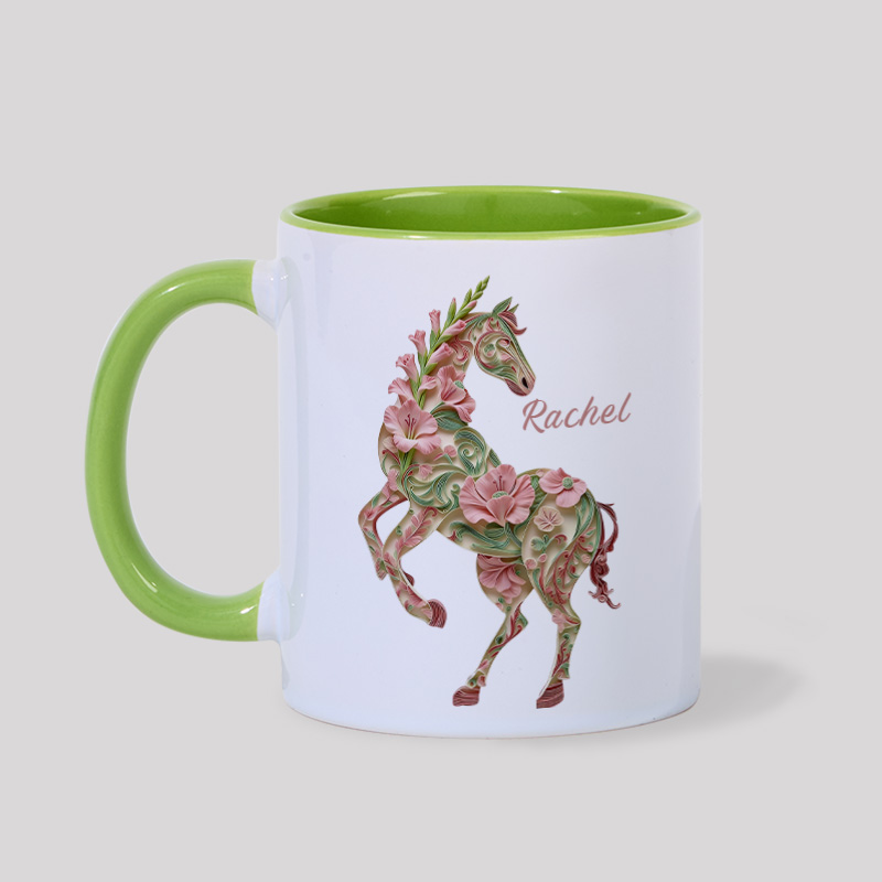 Personalized Birth Month Flower Floral Horse Mug Ceramic Cup Gift for Horse Riding Equestrian Lovers