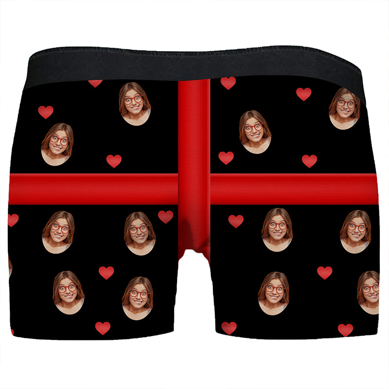 Personalized Girlfriend Wife Face Boxer Brief Red Bow Huge Gift For Her Men Underwear with Woman Face Photo Valentines Day Gift for Boyfriend Husband