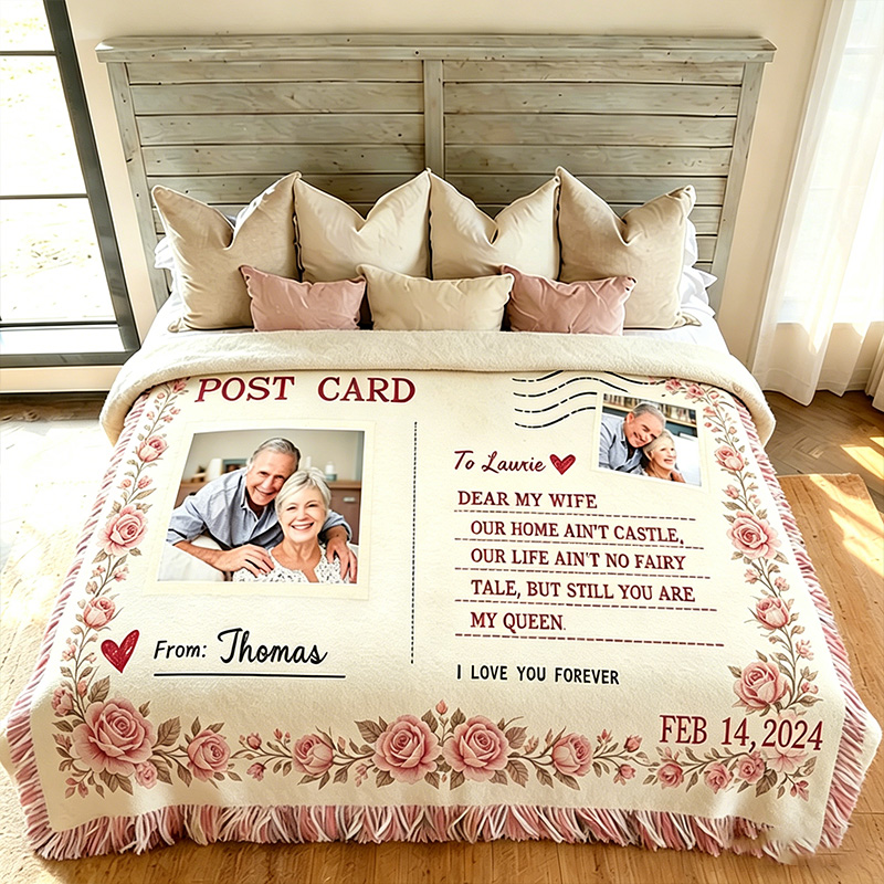 Personalized Couple Photo Vintage Postcard Blanket