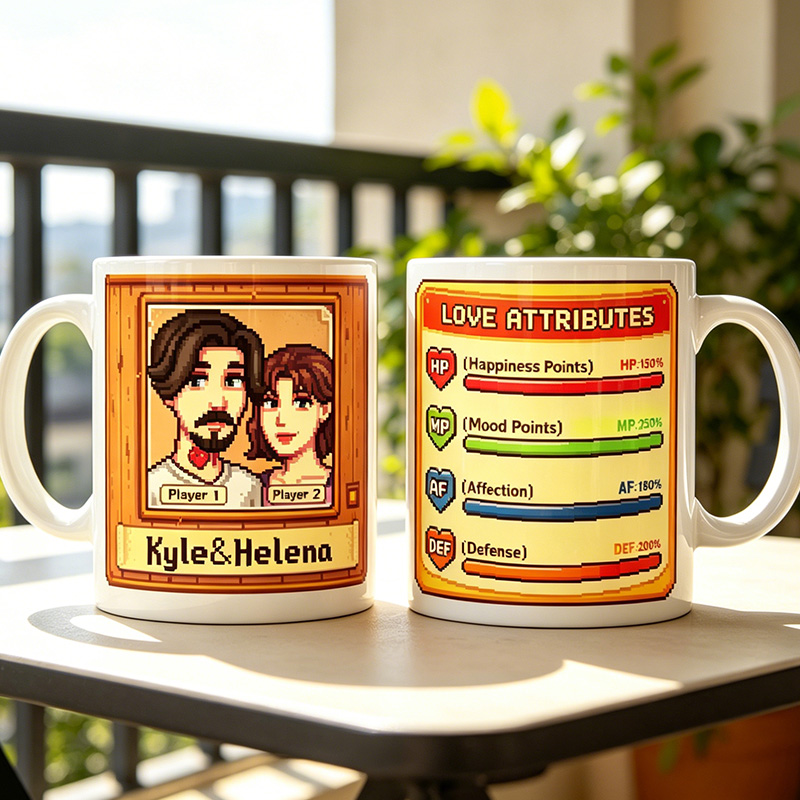 Personalized Game Couple Mug with Names Pixel-style All-over Print Couple Mug Personalized Couple Gift Photo Mug