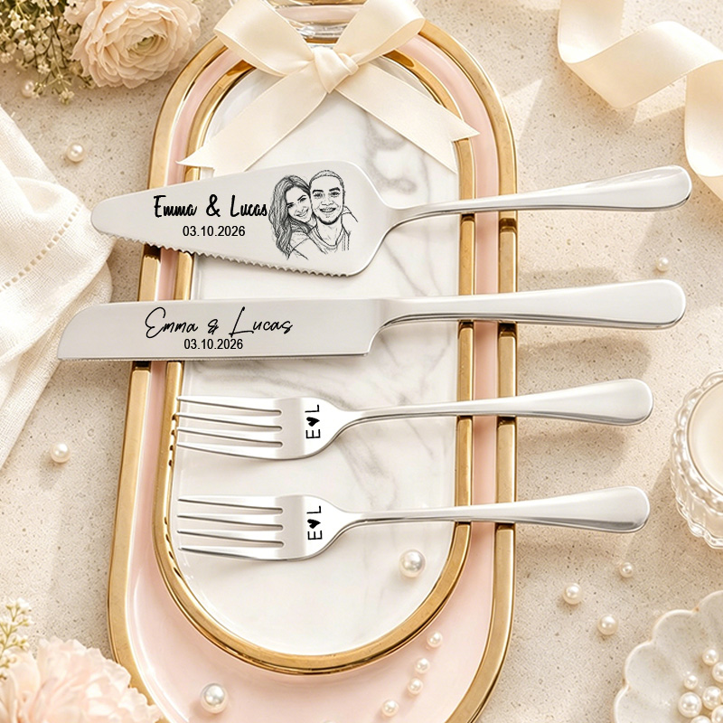 Personalized Wedding Cake Knife and Server Set Engraved Cake Cutting Utensils with Gift Box Couple Photo Face Wedding Cake Cutting Set Gift