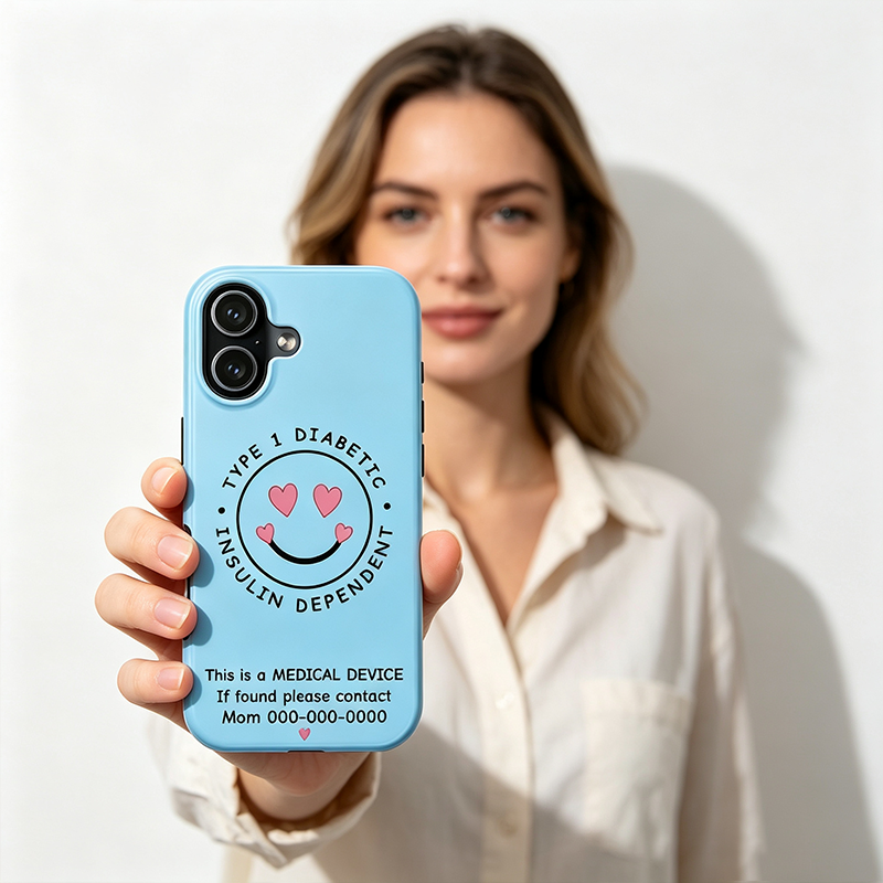 Personalized Smile Hearts Type 1 Diabetic Phone Case, Insulin Dependent Medical Alert, Medical Device