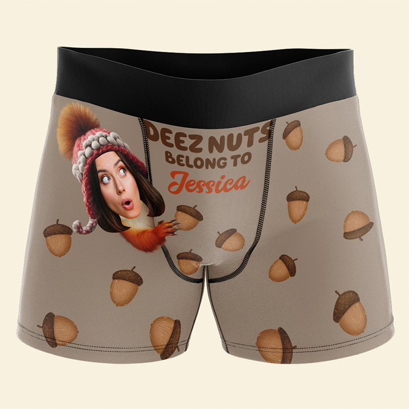 Personalized Girlfriend Wife Face Deez Nuts Belong To Her Boxer Briefs Men Underwear with Woman Face Photo Valentines Day Gift for Boyfriend Husband