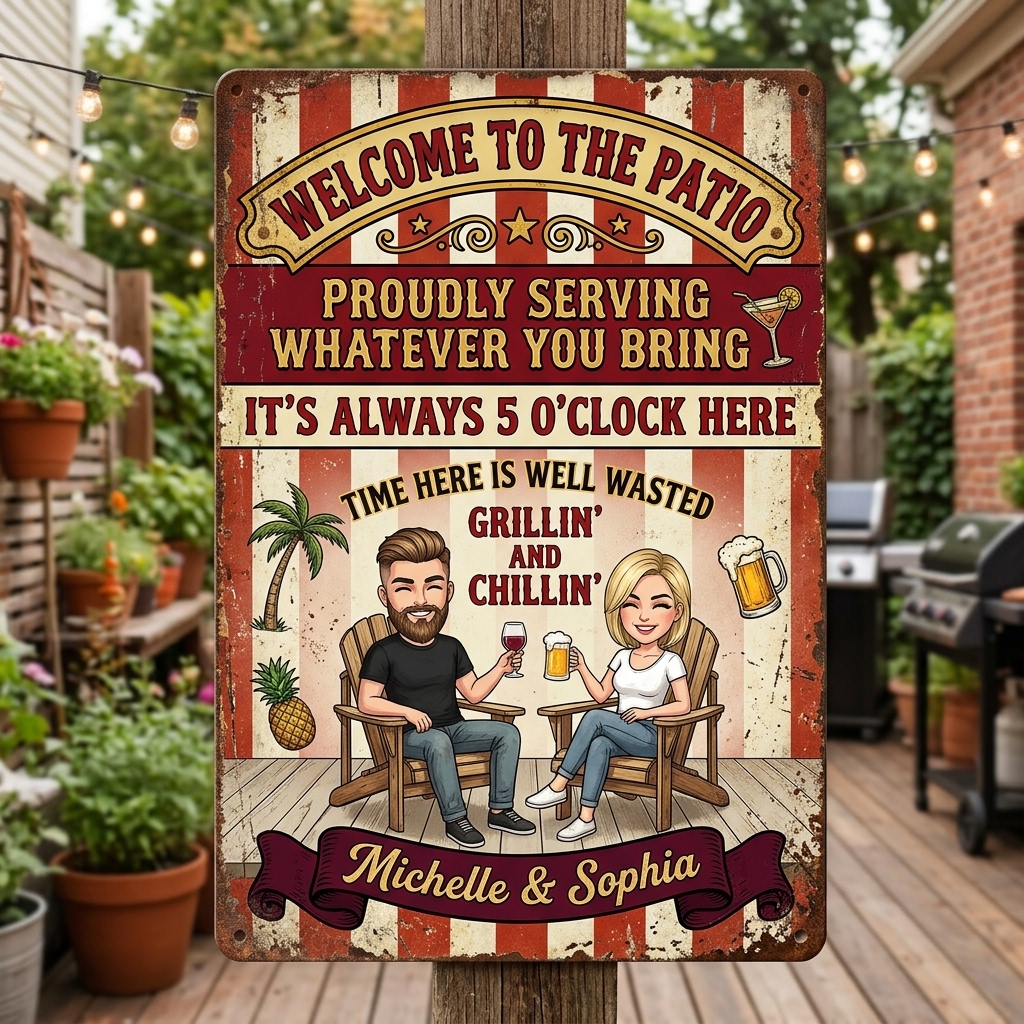 Personalized Retro Couple Patio Welcome Grilling Proudly Serving Whatever You Bring Husband Wife Couple Single Backyard Sign Personalized Custom Classic Metal Signs