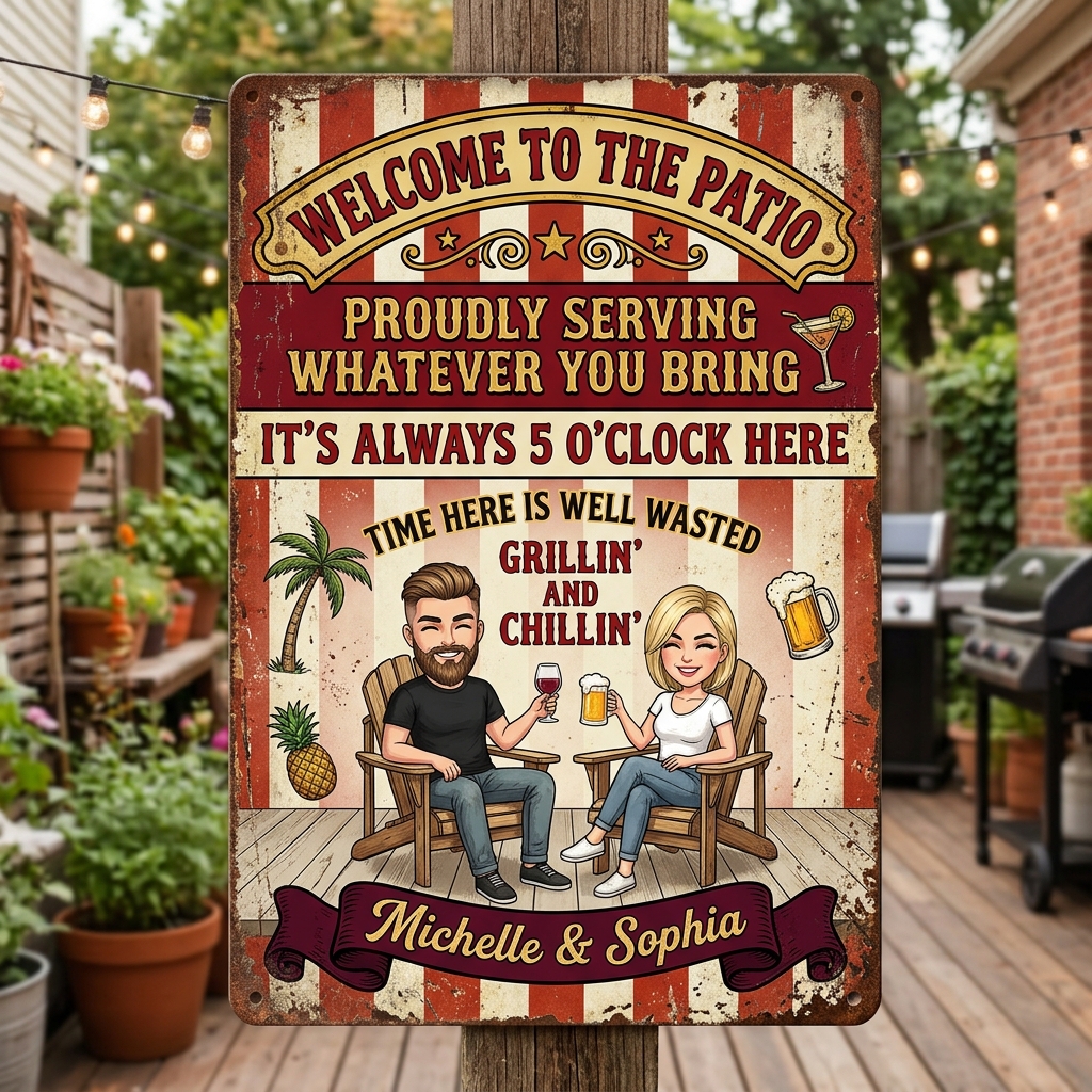 Personalized Retro Couple Patio Welcome Grilling Proudly Serving Whatever You Bring Husband Wife Couple Single Backyard Sign Personalized Custom Classic Metal Signs
