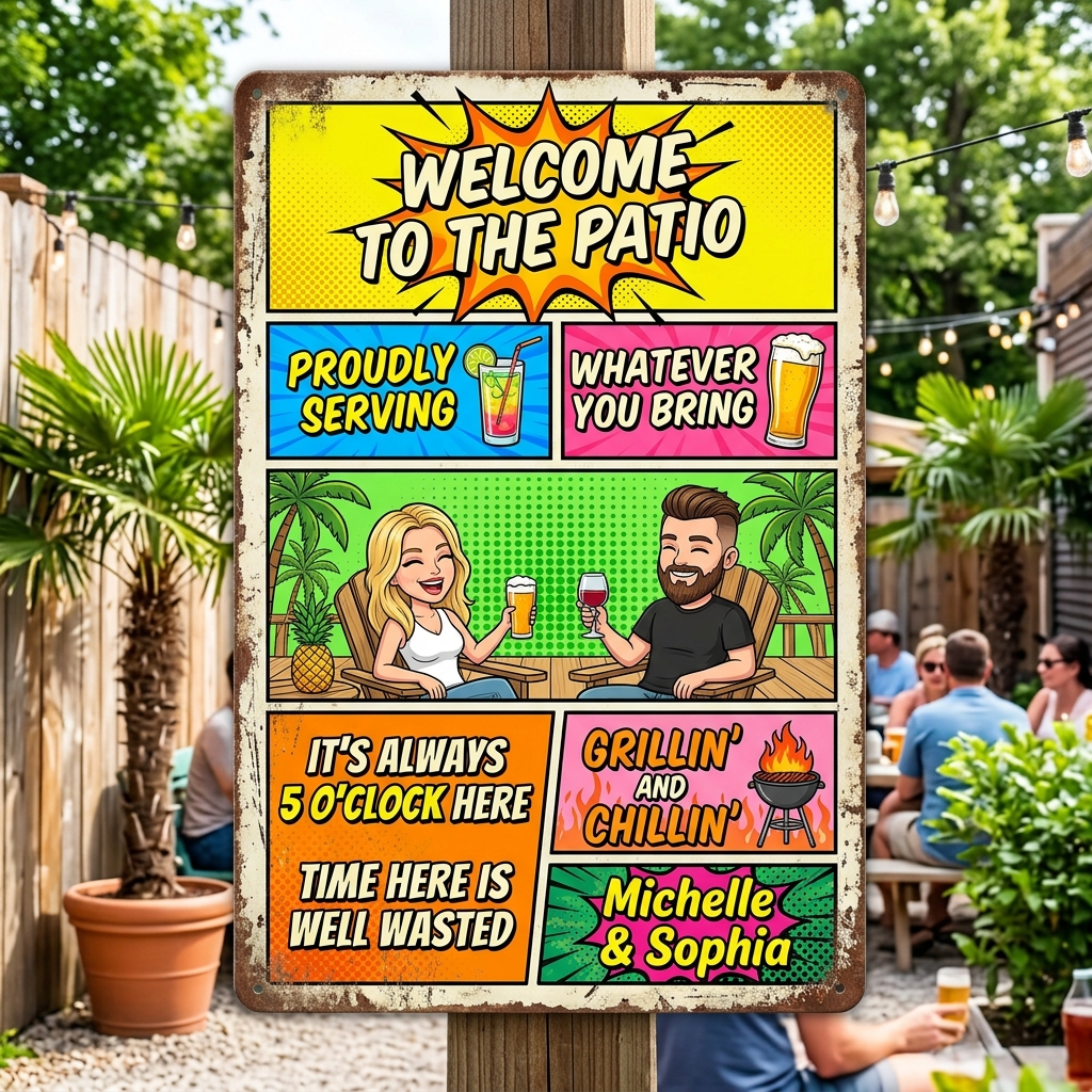 Personalized Couple Patio Welcome Grilling Proudly Serving Whatever You Bring Husband Wife Couple Single Backyard Sign Personalized Custom Classic Metal Signs