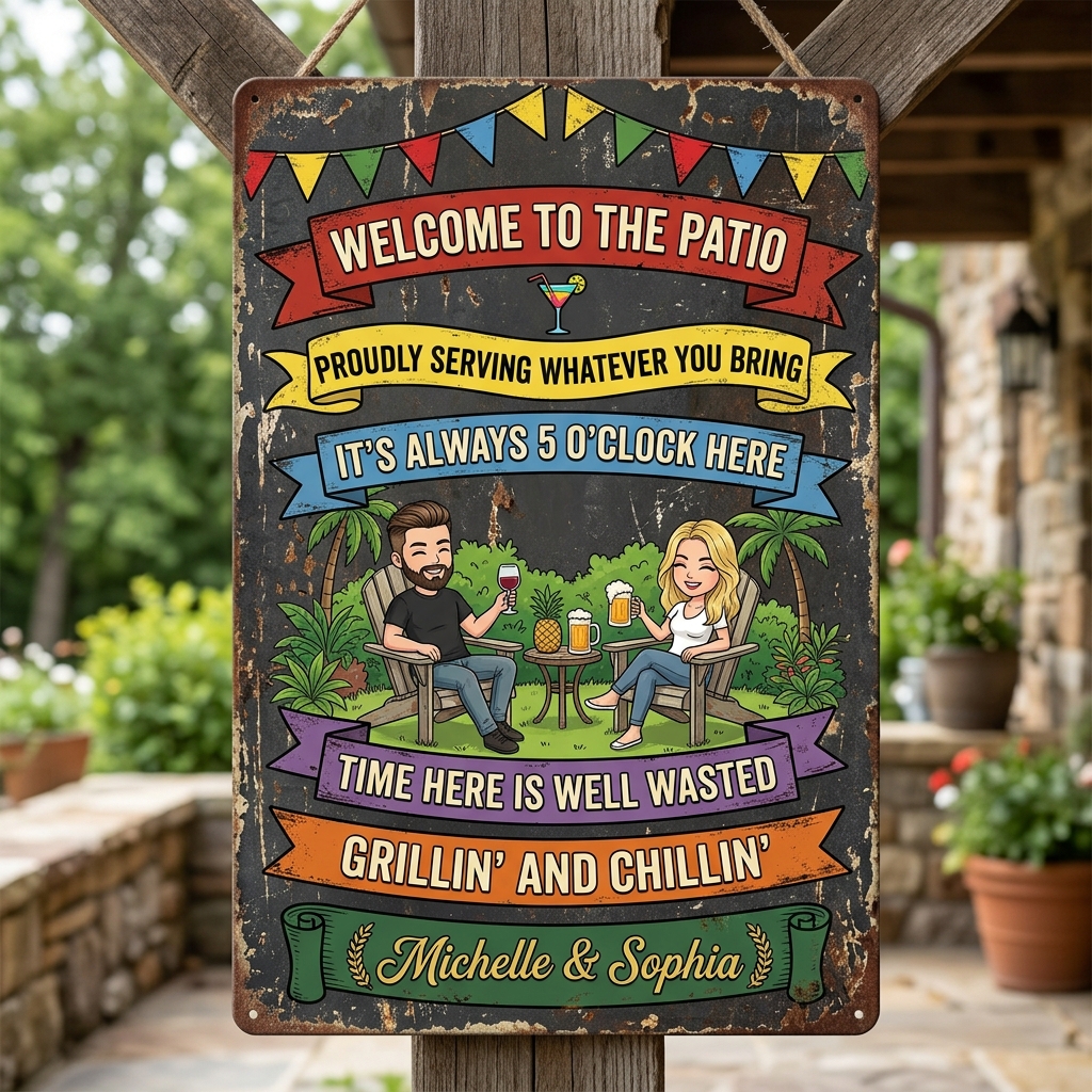 Personalized Retro Couple Patio Welcome Grilling Proudly Serving Whatever You Bring Husband Wife Couple Single Backyard Sign Personalized Custom Classic Metal Signs