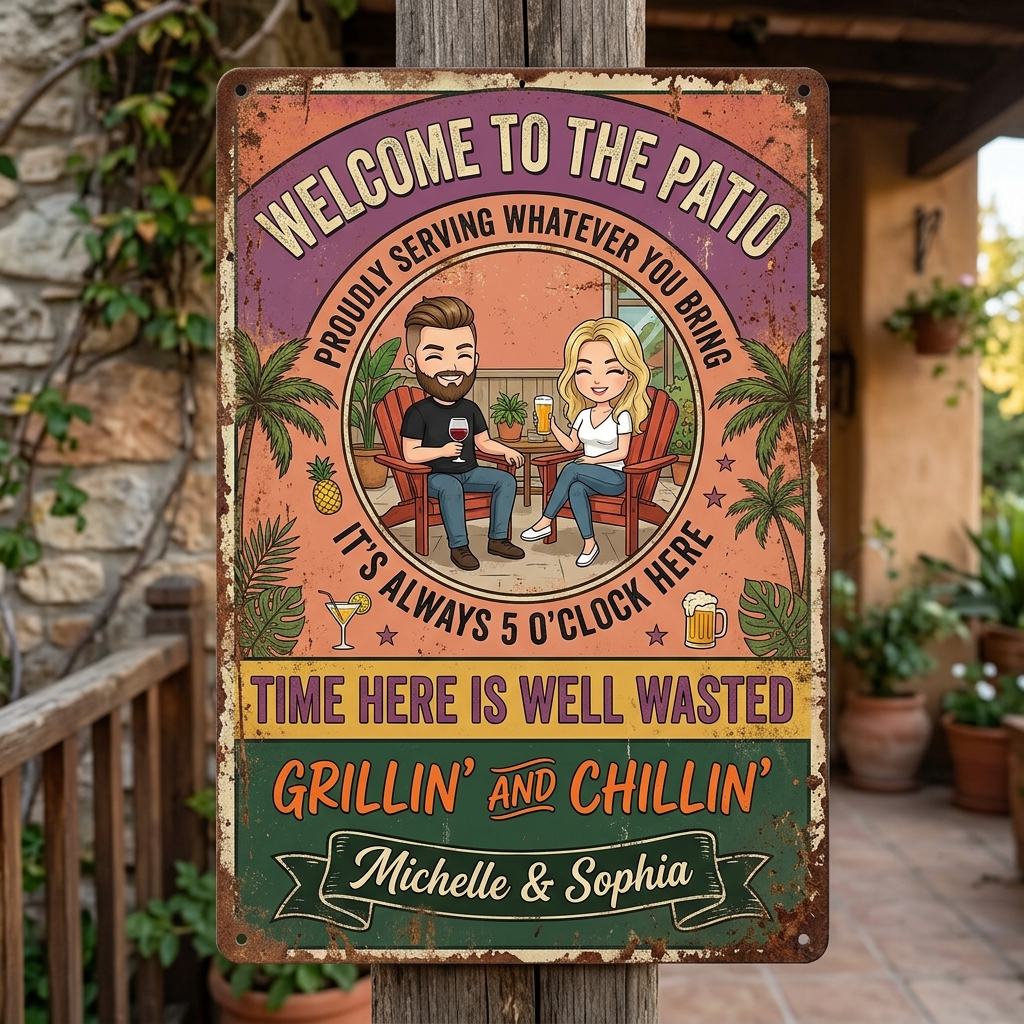 Personalized Retro Couple Patio Welcome Grilling Proudly Serving Whatever You Bring Husband Wife Couple Single Backyard Sign Personalized Custom Classic Metal Signs
