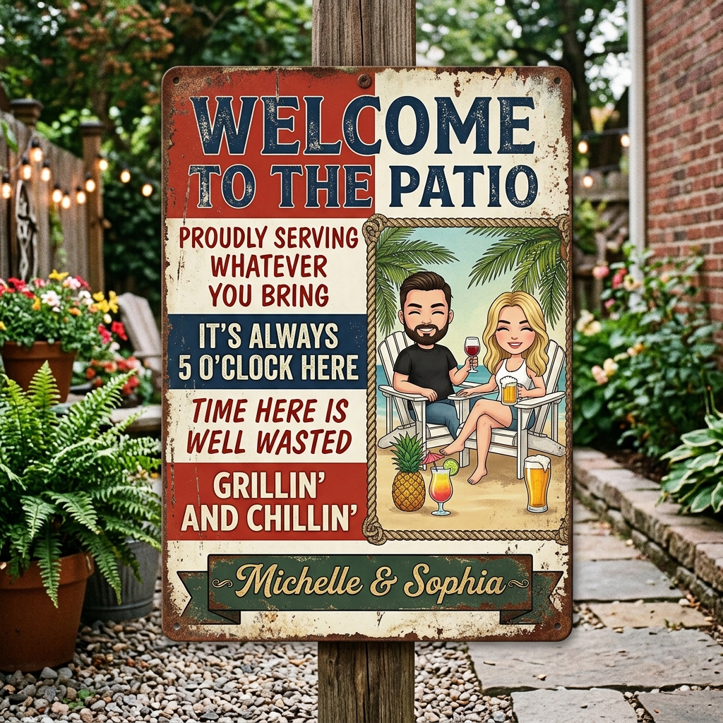 Personalized Patio Welcome Grilling Proudly Serving Whatever You Bring Husband Wife Couple Single Backyard Sign Personalized Custom Classic Metal Signs