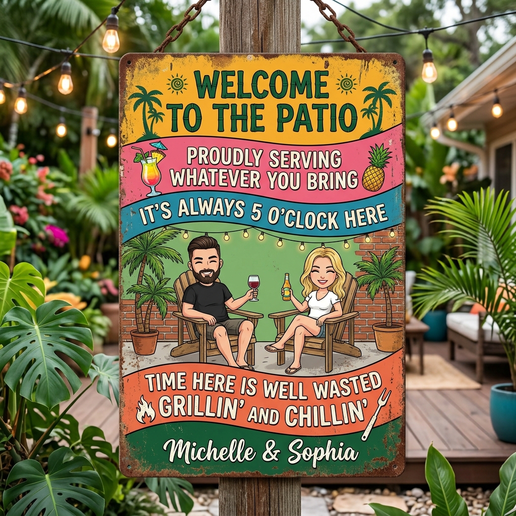 Personalized Patio Welcome Grilling Proudly Serving Whatever You Bring Husband Wife Couple Single Backyard Sign Personalized Custom Classic Metal Signs