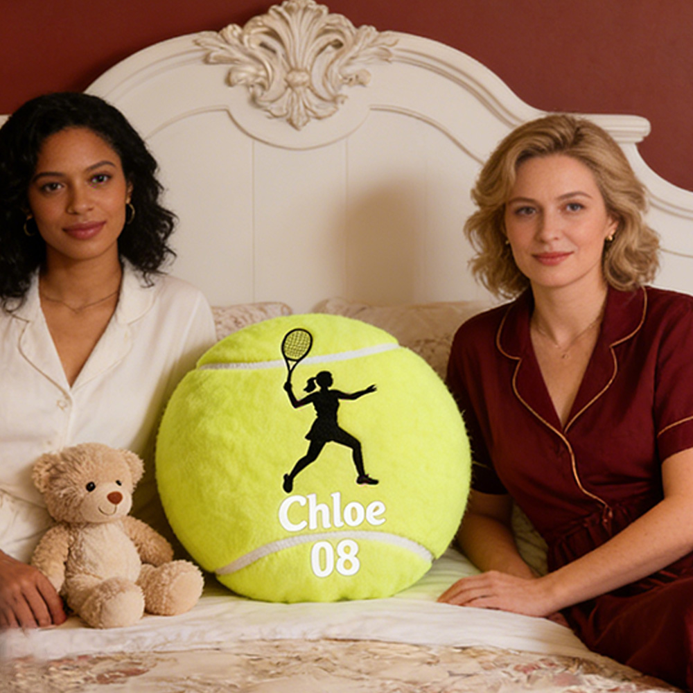 Personalized Tennis Ball Pillow with Player Graphic and Custom Details for Sports Fans