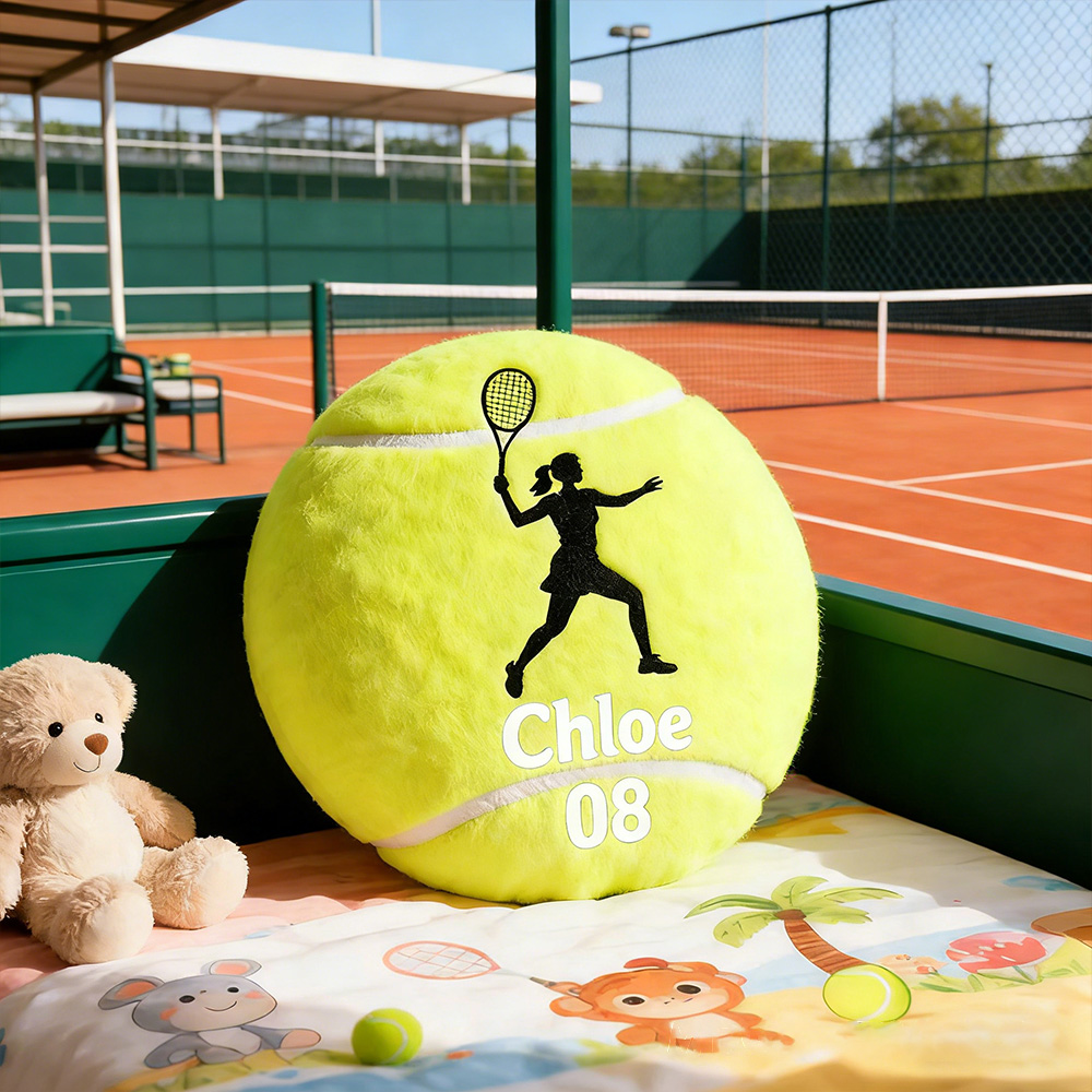 Personalized Tennis Ball Pillow with Player Graphic and Custom Details for Sports Fans