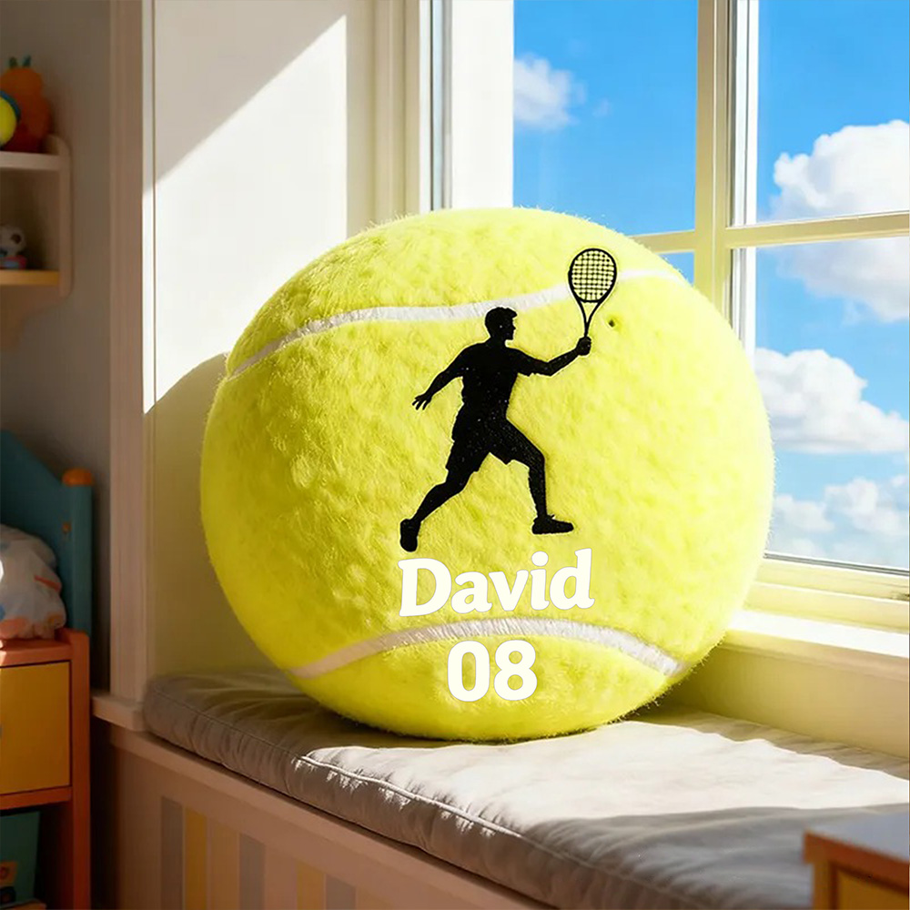Personalized Tennis Ball Pillow with Player Graphic and Custom Details for Sports Fans
