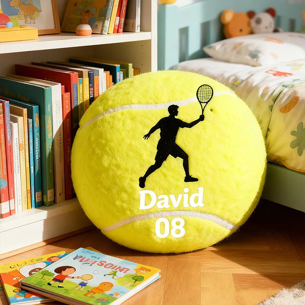 Personalized Tennis Ball Pillow with Player Graphic and Custom Details for Sports Fans