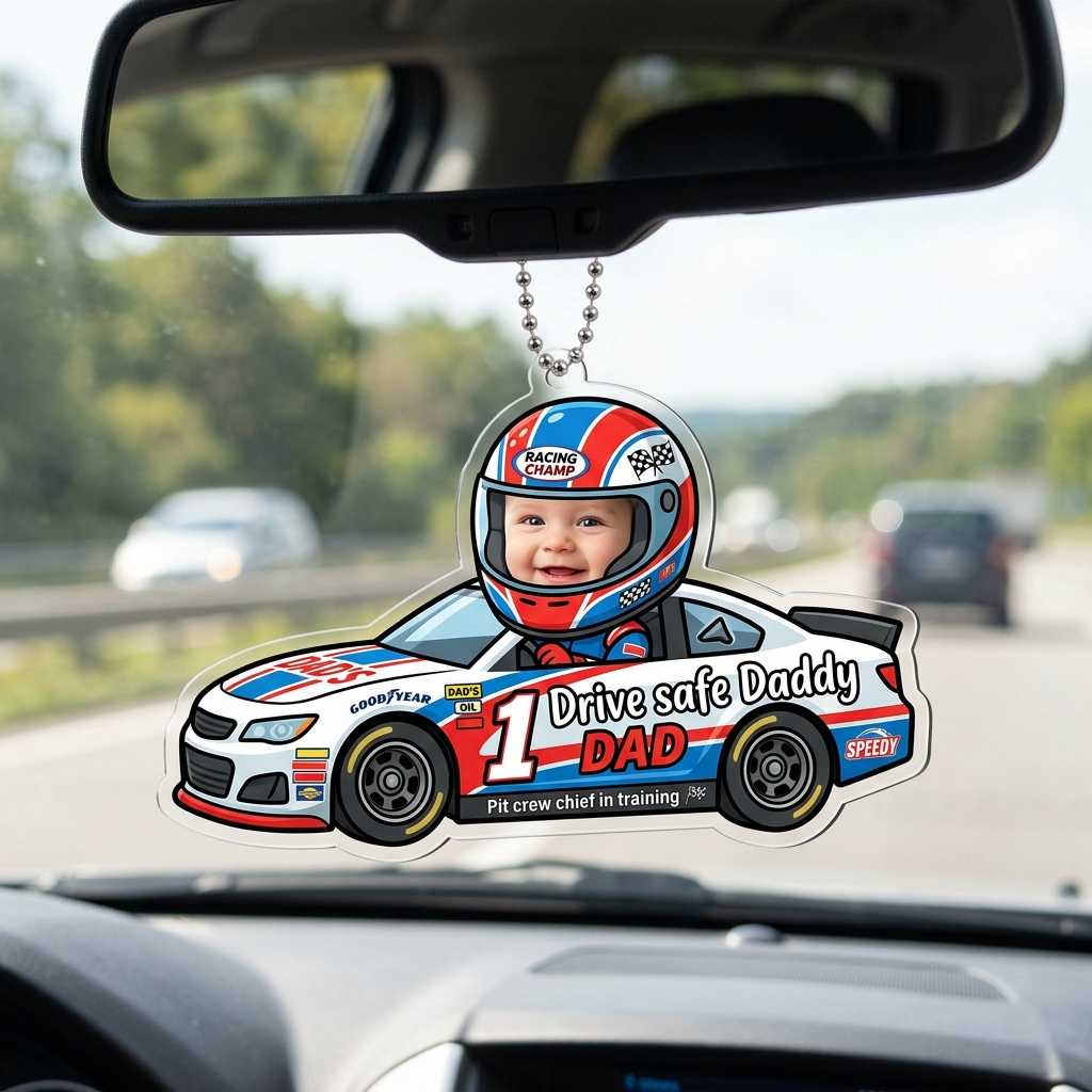 Personalized Photo Drive Safe Daddy Race Car Baby Face Rearview Mirror Car Ornament
