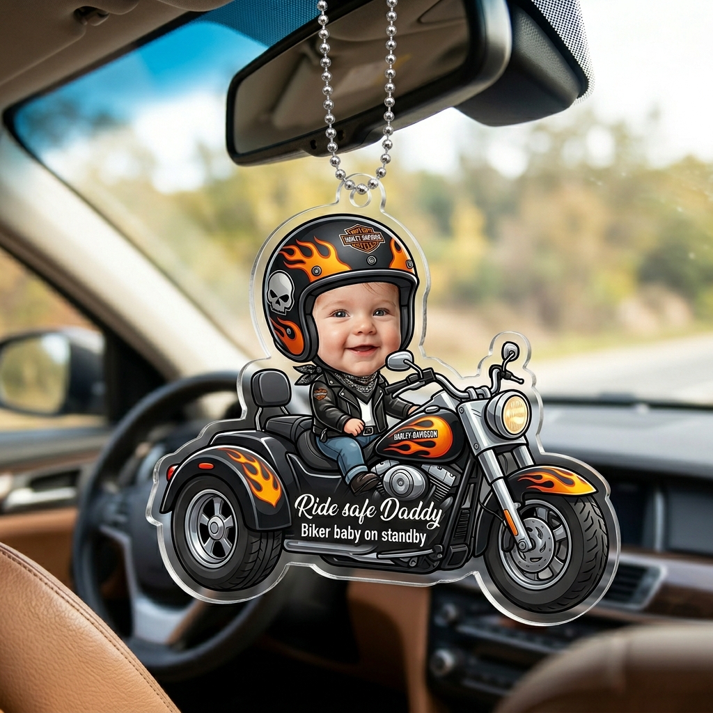 Personalized Photo Drive Safe Daddy Race Car Baby Face Rearview Mirror Car Ornament