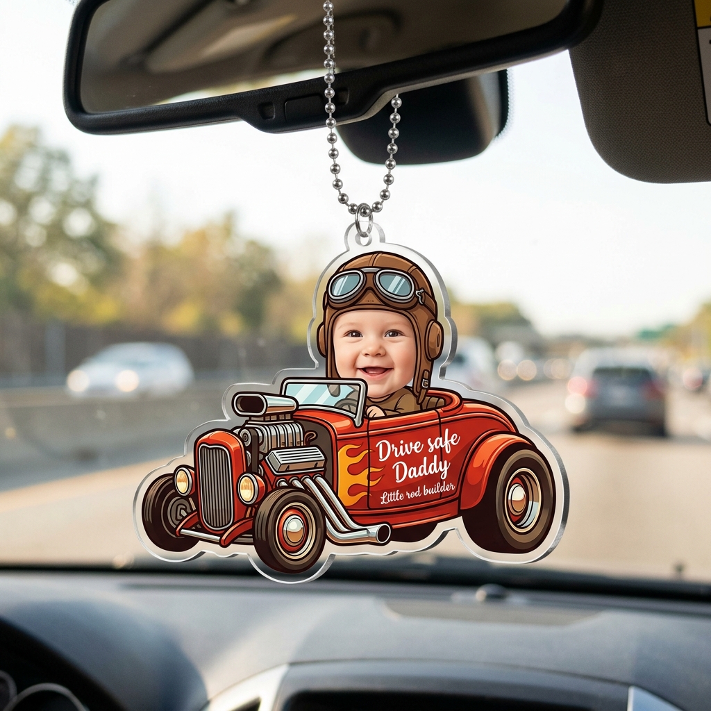 Personalized Photo Vintage Hot Rod Little Driver Drive Safe Daddy Acrylic Rearview Mirror Car Ornament Description