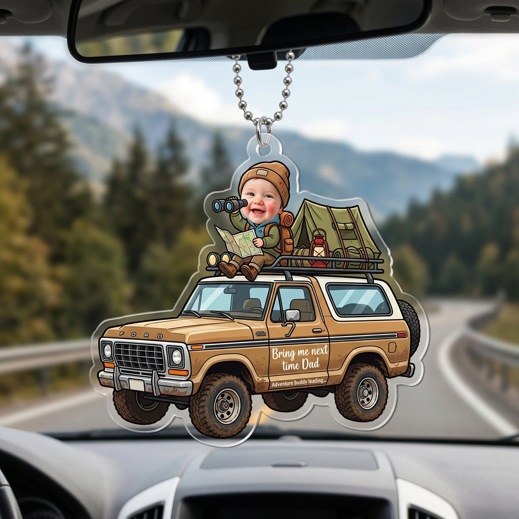 Personalized Photo Adventure Off-Road SUV Camping Baby Rearview Mirror Acrylic Car Ornament