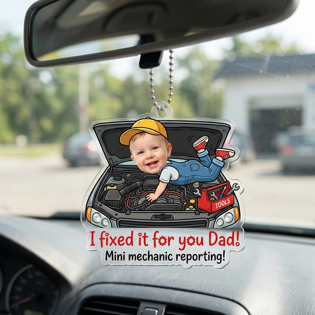 Personalized Photo Mini Mechanic Baby Under Hood Rearview Mirror Acrylic Car Ornament