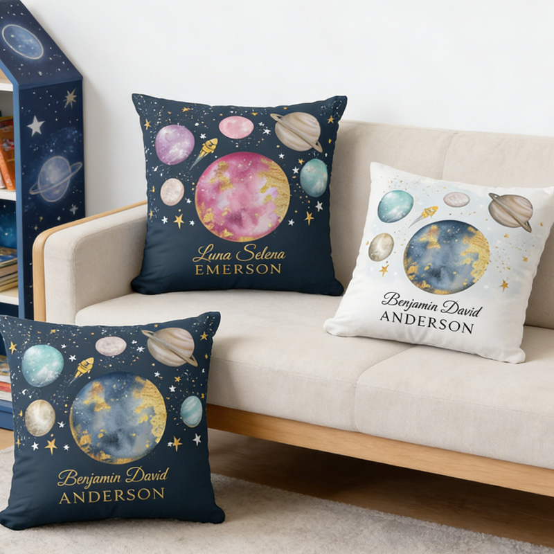 Personalized Space Galaxy Moon Star Boy Nursery  Throw Pillow Astronomy Gift for Child Nerd Geek Lover