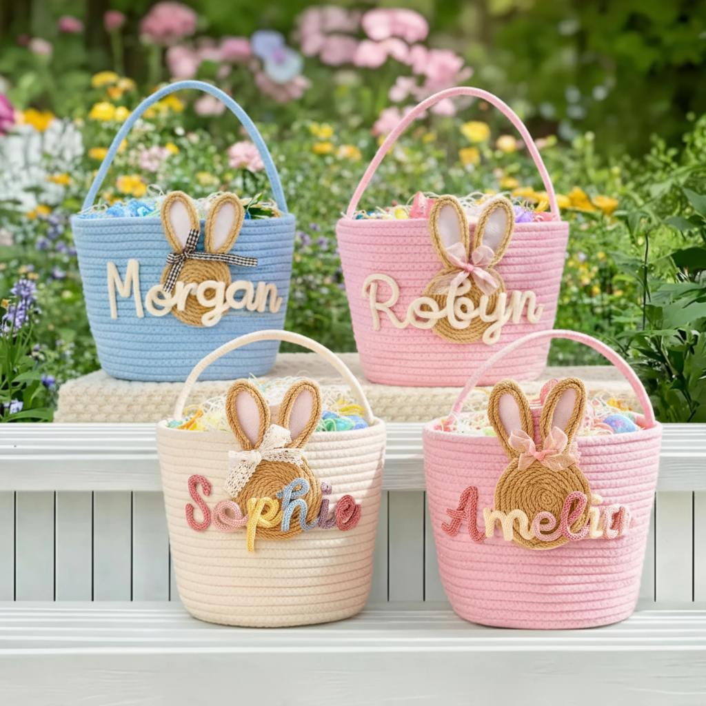 Personalized Easter Bunny Ear Cotton Basket Bunny Carrot Rope Basket Custom Name Cute Kids Gift and Decoration