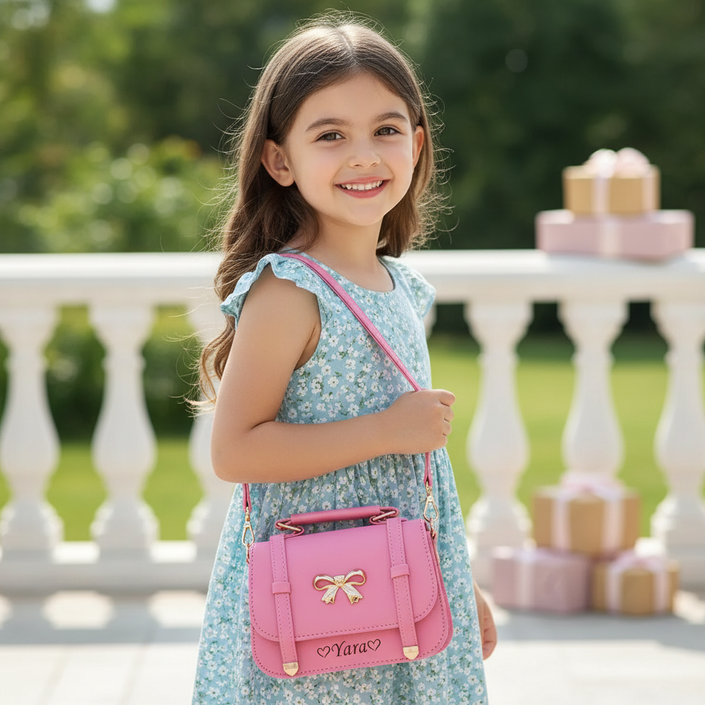 Personalized Girls PU Leather Crossbody Bag Custom Name Bow Satchel Multi Color Toddler Purse Gift for Little Princesses
