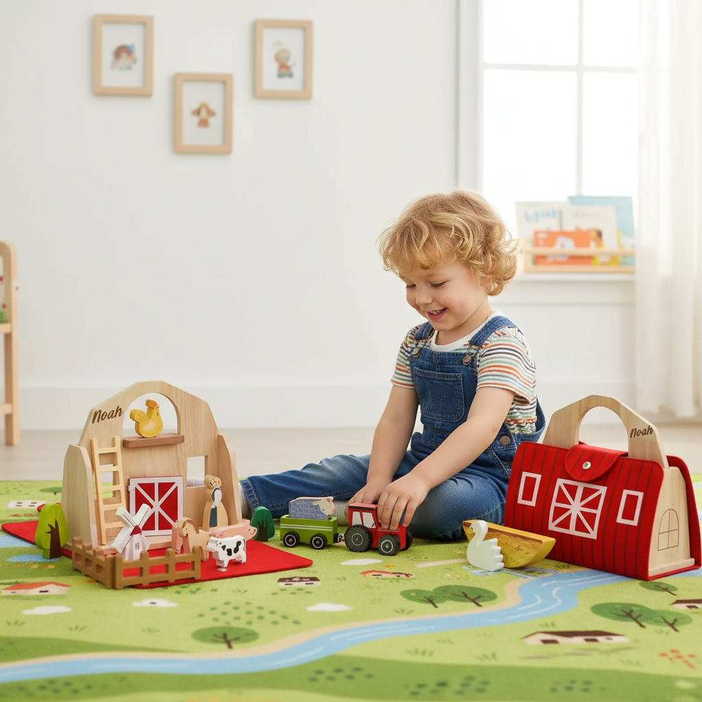 Personalized Wooden Farm Playset for Kids Custom Name Durable Easy Storage and Multiplayer Fun