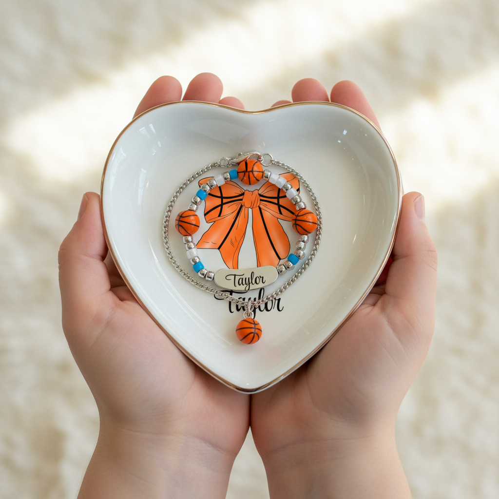 Personalized Basketball Bow Ring Trinket Dish Custom Name Ceramic Tray Girls Basketball Team Gift  Basketball Jewelry Dish  Gift for Her