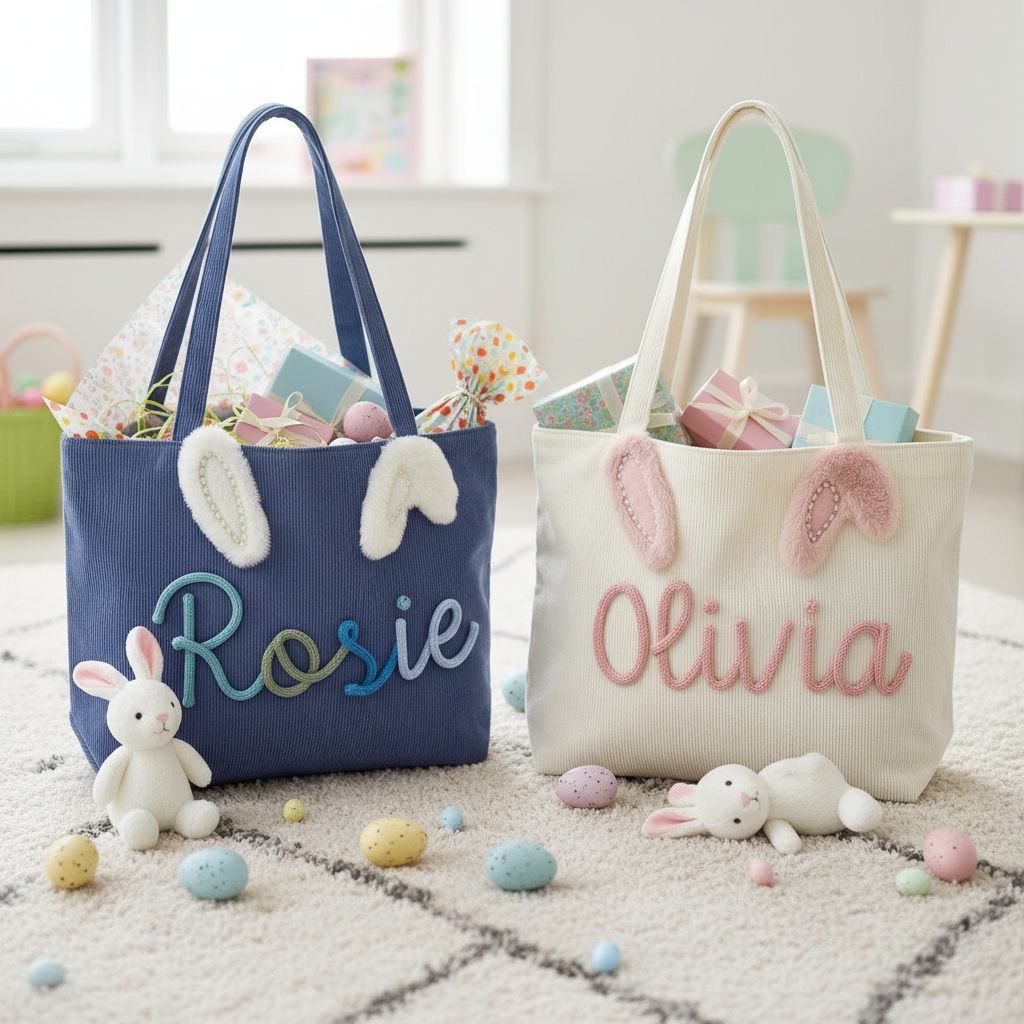 Personalized Easter Pearl Bunny Ear Tote Bag  Custom Name Corduroy and Cotton Gift Basket for Kids Preppy Sibling Matching Bag