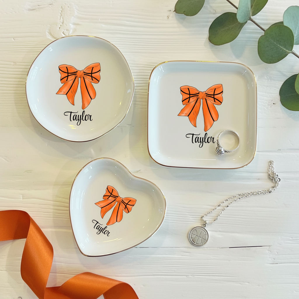 Personalized Basketball Bow Ring Trinket Dish Custom Name Ceramic Tray Girls Basketball Team Gift  Basketball Jewelry Dish  Gift for Her