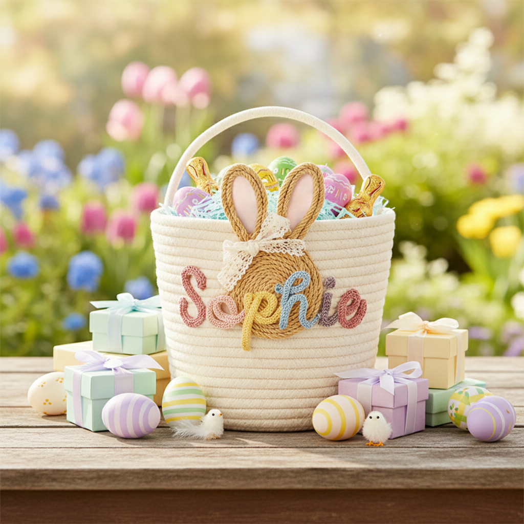 Personalized Easter Bunny Ear Cotton Basket Bunny Carrot Rope Basket Custom Name Cute Kids Gift and Decoration