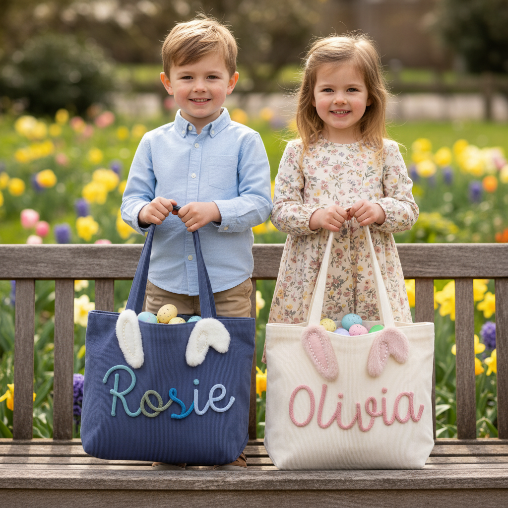 Personalized Easter Pearl Bunny Ear Tote Bag  Custom Name Corduroy and Cotton Gift Basket for Kids Preppy Sibling Matching Bag