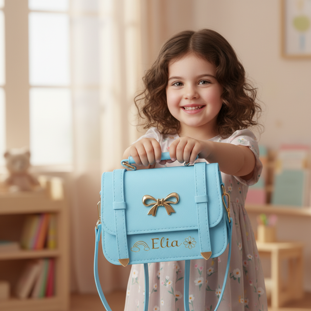 Personalized Girls PU Leather Crossbody Bag Custom Name Bow Satchel Multi Color Toddler Purse Gift for Little Princesses