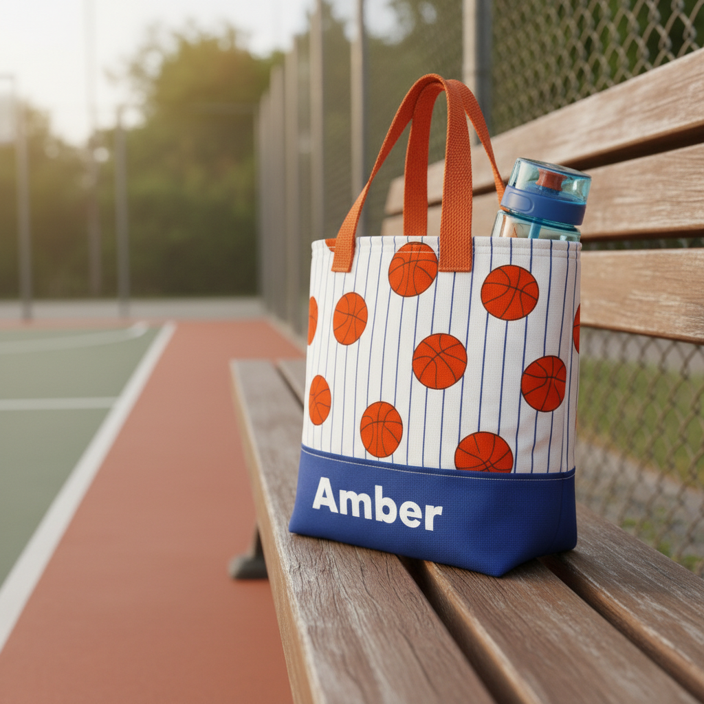 Personalized Basketball Kids Canvas Tote Bag Custom Name Sports Themed Handbag Toddler Gift for Basketball Lovers