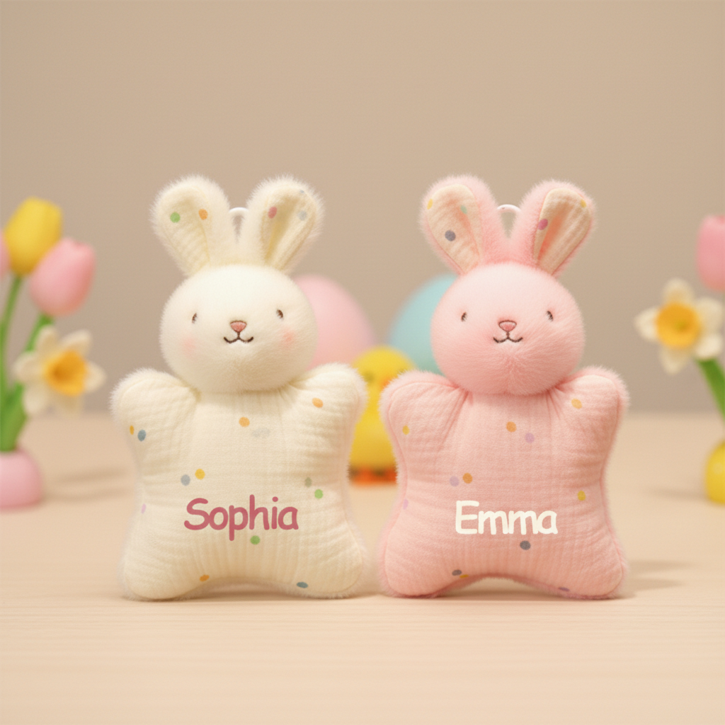 Personalized Easter Bunny Pocket Plush  Custom Name Stuffed Animal Soft Muslin  Easter Basket Stuffer for Kids