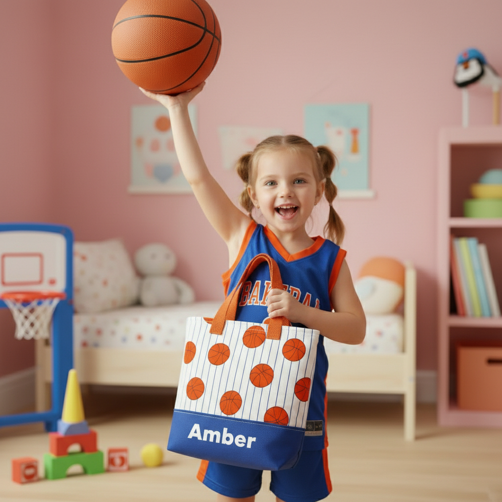 Personalized Basketball Kids Canvas Tote Bag Custom Name Sports Themed Handbag Toddler Gift for Basketball Lovers