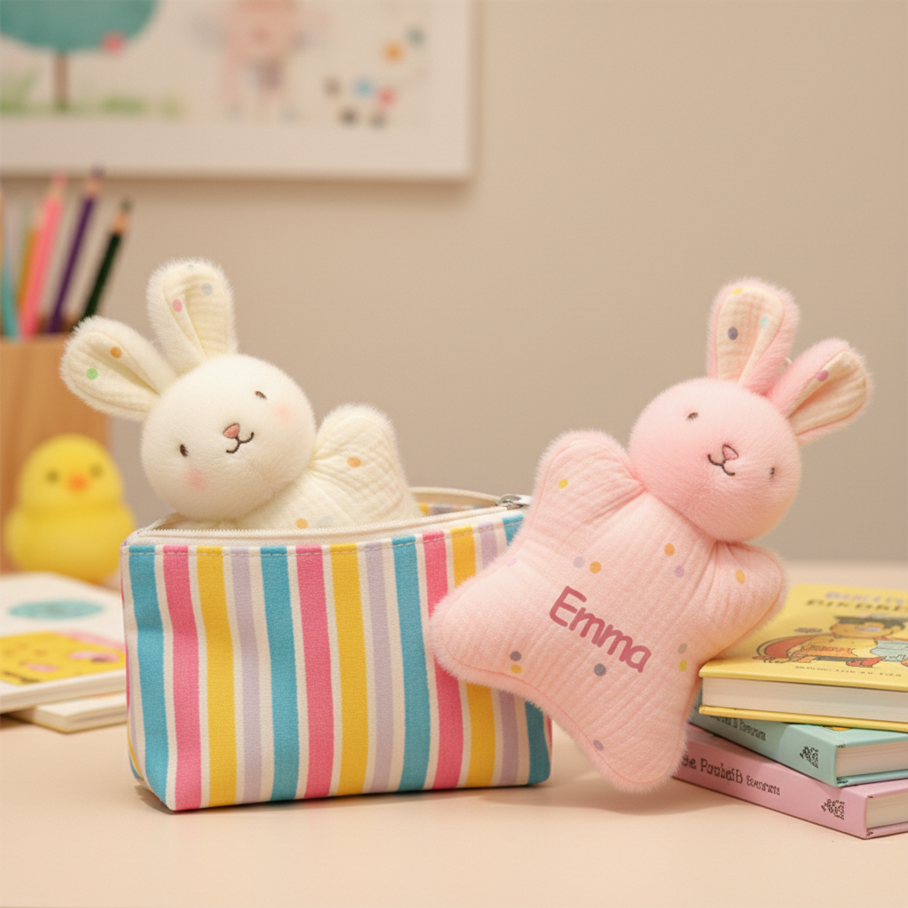 Personalized Easter Bunny Pocket Plush  Custom Name Stuffed Animal Soft Muslin  Easter Basket Stuffer for Kids