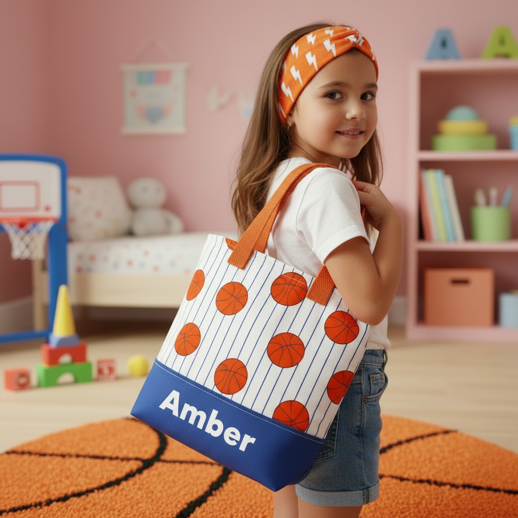 Personalized Basketball Kids Canvas Tote Bag Custom Name Sports Themed Handbag Toddler Gift for Basketball Lovers