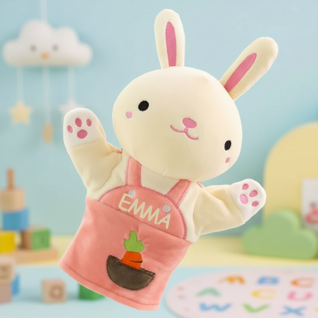 Personalized Bunny and Elephant Hand Puppet Custom Name Plush Toy  Easter Basket Stuffer for Kids Imaginative Play
