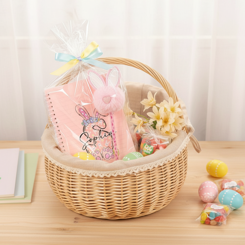 Personalized Playful Bunny Ears Bow Egg Initial Name A5 Spiral Notebook and Pom Puff Pen Set with 156 Lined Pages Birthday Easter Gift Custom Name A5 Journal for Kids