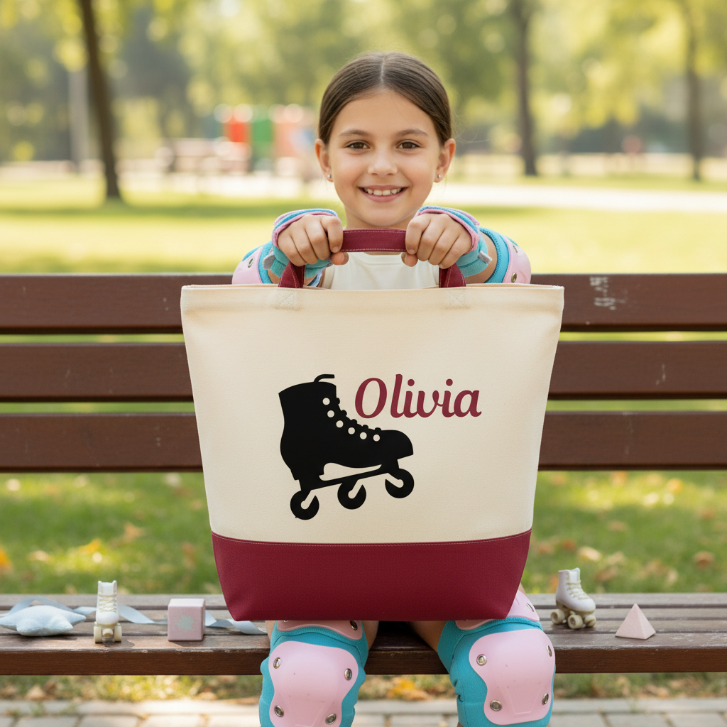 Personalized Roller Skate Canvas Tote Bag for Kids Custom Name Colorful and Fun Gift