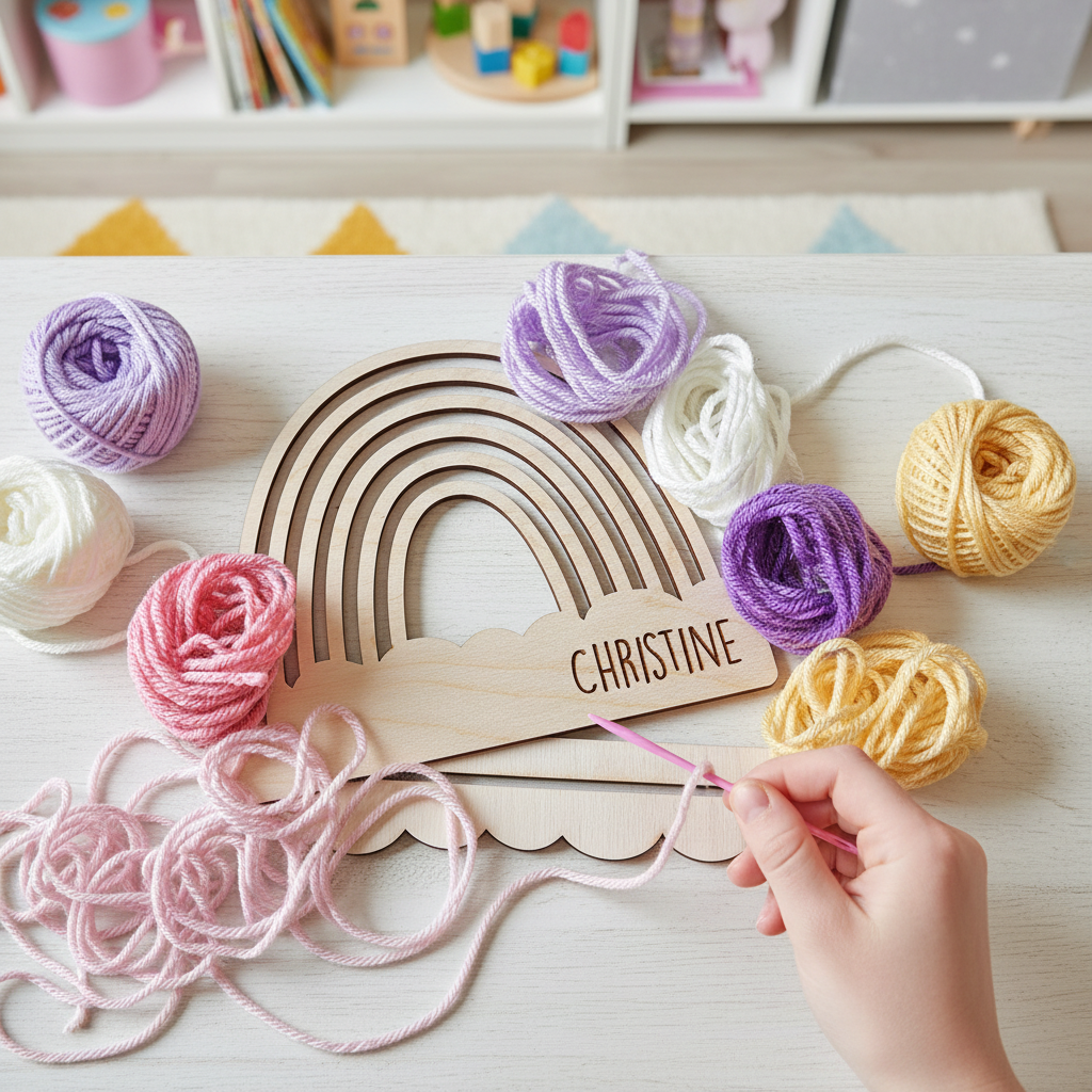 Personalized DIY Yarn Rainbow Kit for Kids Custom Name Craft with Birch Base and 6 Yarn Colors