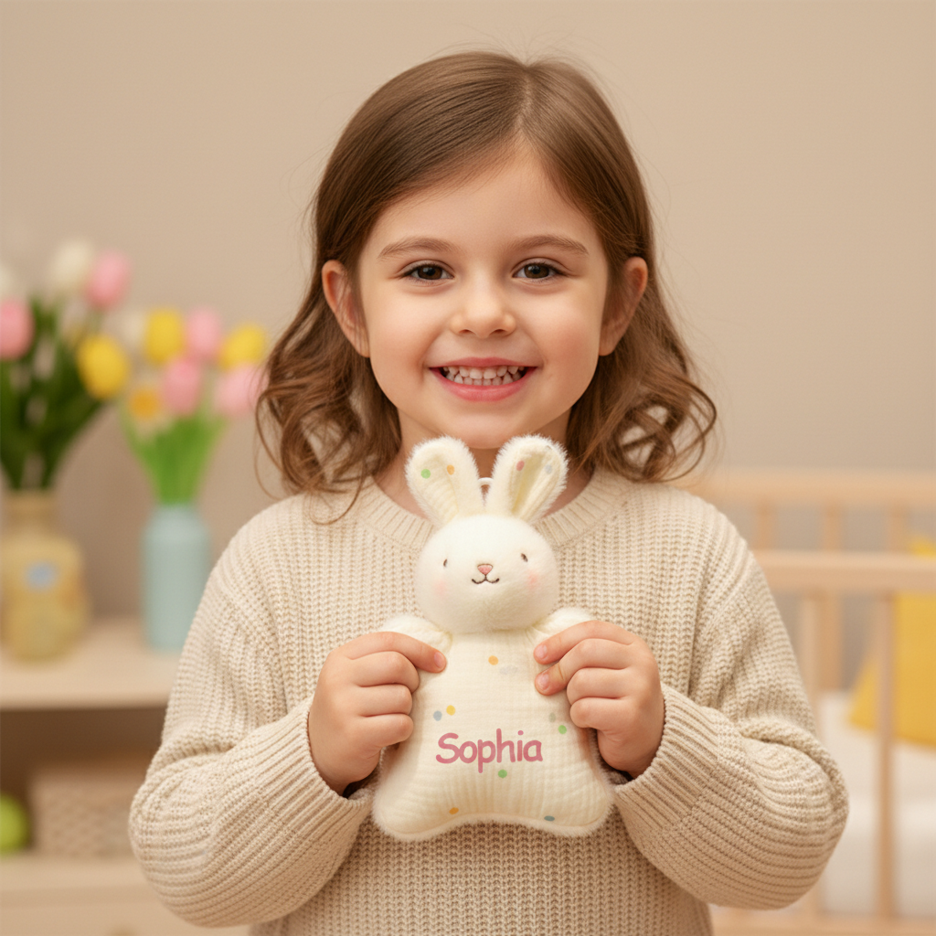 Personalized Easter Bunny Pocket Plush  Custom Name Stuffed Animal Soft Muslin  Easter Basket Stuffer for Kids